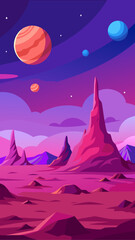 Vibrant alien landscape with planets in a purple and pink sky