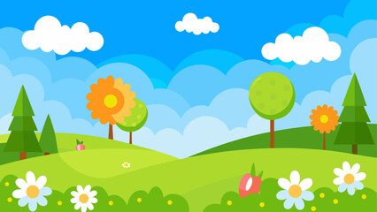 Vibrant cartoon landscape with rolling green hills colorful flowers and fluffy clouds