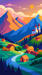 Vibrant mountain village with a winding river and castle under a sunset sky