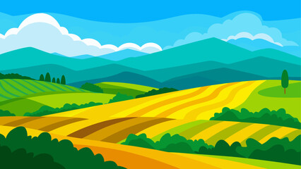 Vibrant rolling hills and farmland under a bright blue sky