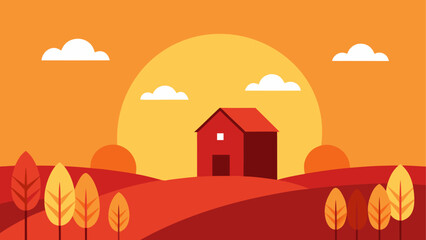 Vibrant autumn landscape with red barn and rolling hills