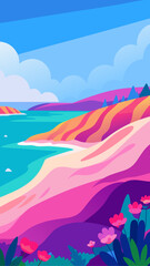 Vibrant abstract landscape with rolling hills turquoise water and colorful flowers
