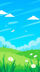 Bright sunny day with rolling green hills and white daisy flowers