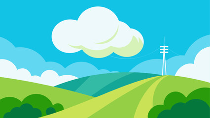 Stylized landscape with rolling hills clouds and a communication tower