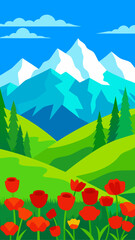 Vibrant mountain landscape with red poppies and evergreen trees under a blue sky