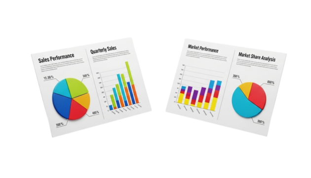 3D Document with Pie Chart and Bar Chart Bundle Isolated on Transparent Background