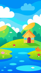 Charming cartoon landscape with a small house by a blue lake under a bright sky