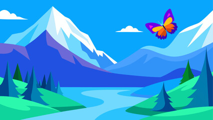 Vibrant mountain landscape with a butterfly and river
