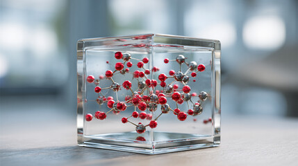 Hyperrealistic 3D model of a molecule floating inside a transparent glass cube, symbolizing science, chemistry, molecular research, technology, and futuristic laboratory visualization.
