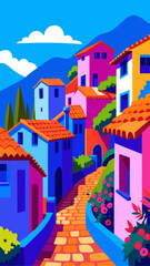 Vibrant mediterranean village with colorful houses and winding cobblestone path