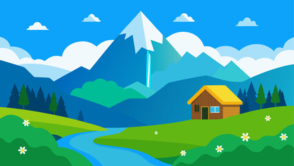 Serene mountain landscape with a cozy cabin and flowing river