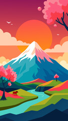 Vibrant stylized landscape with snow capped mountain and cherry blossoms
