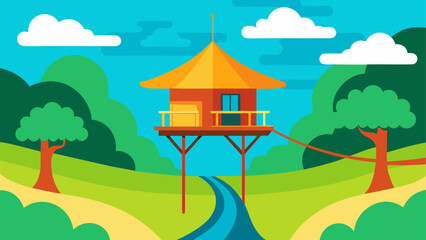 Vibrant flat illustration of a treehouse in a lush green landscape