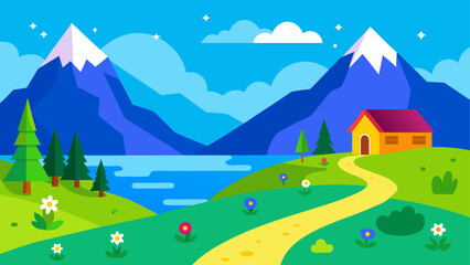 Vibrant flat design landscape with mountains lake and a cozy house