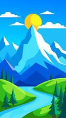 Vibrant stylized mountain landscape with river and sun