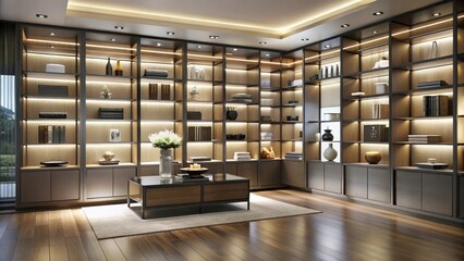 Elegant home library with custom shelving and ambient lighting creates a warm, inviting space for reading, relaxation, and displaying treasured collections