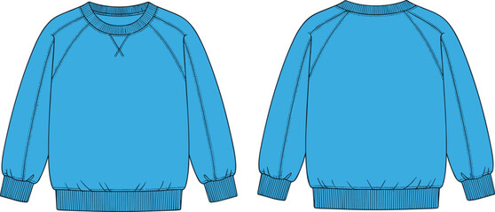 Sweatshirt flat sketch, raglan sleeve crewneck, fashion technical drawing, ribbed cuffs hem neckline, stitched X detail, apparel design template, clothing vector illustration