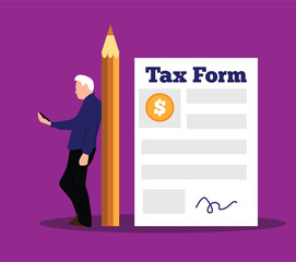 Business Man Checking Tax Forms on Smartphone. People managing their finances vector art