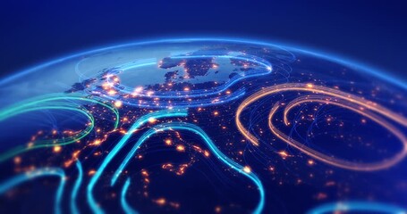 Network communication lines connecting cities around the planet Earth. Technology related 3d animation. - Powered by Adobe