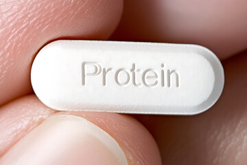 Close up of a white pill in between two fingers. The word protein is engraved into the tablet. The supplement is oval shaped and is designed to support muscle growth and recovery.