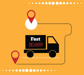Fast Delivery Idea with Truck and Location Markers. Cargo services and means of transport, postal service vector art