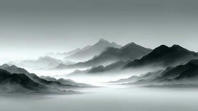 Ink Landscape Mountains Surrounded by Clouds Like a Fairyland