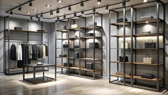 Step into a modern boutique showcasing sophisticated clothing and accessories with a minimalist design, perfect for showcasing retail space concepts - Powered by Adobe