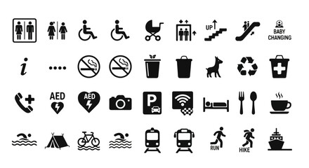 Monochrome Wayfinding Pictogram Icons Pack - Restroom, Accessibility, Transport & Amenities Vector