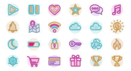 Neon Gradient Glow UI Icons Pack - Luminous Outline App Symbols Vector