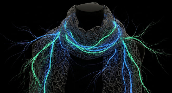 Abstract representation of a glowing neural network or root system with vibrant blue and green light trails against a dark background