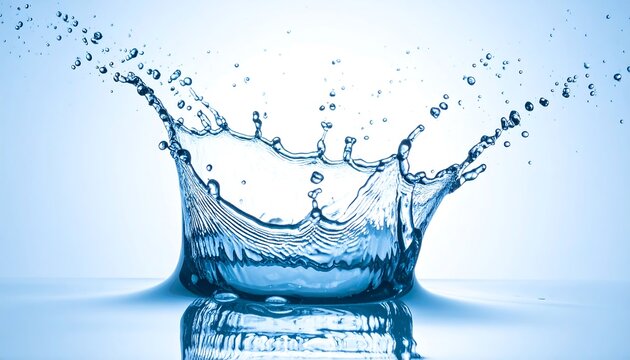 A photograph captures a crown-like water splash. The clear droplets form a dynamic, translucent sculpture against a light blue backdrop