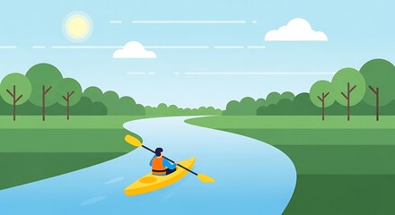 Kayaking serene river landscape.