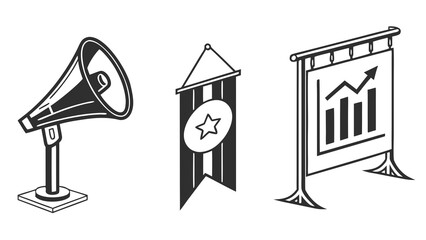 Illustration of a megaphone, a banner, and a graph, perfect for illustrating marketing, communication, and business growth