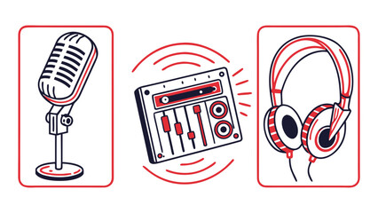 Vector art of illustration set featuring a microphone, audio mixer, and headphones, the design is clean and modern, perfect for music, podcasting, or audio production projects