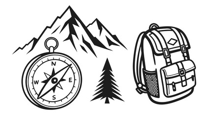 Vector art of a monochrome illustration featuring a compass, mountain range, pine tree, and backpack, evoking a sense of adventure, exploration, and outdoor recreation