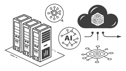 Vector art of isometric illustration of servers, cloud, ai, and chip, depicting the integration of artificial intelligence in cloud computing and data processing