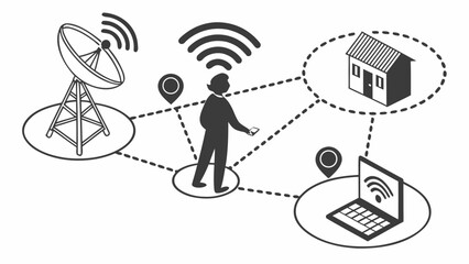 Illustration of a person connected to various devices and locations via wifi, including a satellite dish, house, and laptop, concept of global connectivity