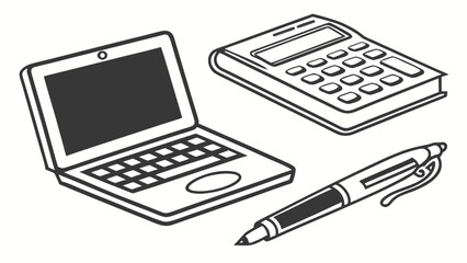 Illustration of a laptop, calculator, and pen, showcasing essential tools for business, finance, and education, perfect for presentations and designs