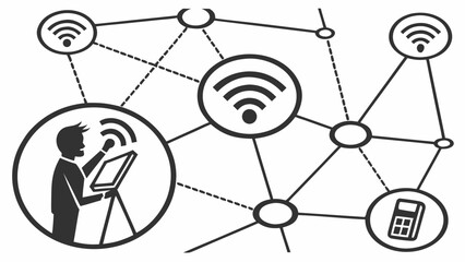 Illustration of a man using a tablet with a wifi connection, surrounded by other wifienabled devices and network nodes, concept of interconnectedness