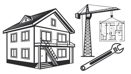 Illustration of a house under construction with a crane lifting a blueprint, accompanied by a wrench, , showcasing home building and renovation concepts