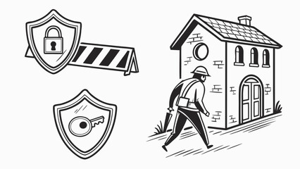 Vector art of illustrations depicting security measures and a construction worker, featuring a shield with a padlock, a barrier, a shield with a key, and a worker near a building