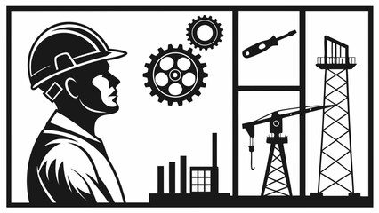 Illustration of a construction worker wearing a hard hat, with gears, a screwdriver, a crane, and a tower in the background, vector art