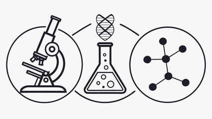 Vector art of illustration showing a microscope, a flask with dna, and a molecule, representing science, research, and experimentation vector drawing