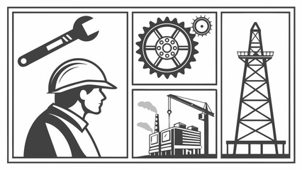 Vector art of illustrations showcasing construction and engineering elements, including a wrench, gears, a construction site, a crane, and a power line tower