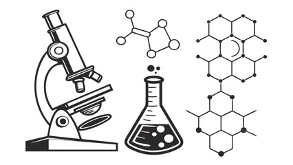 Vector art of microscope, flask, and chemical structure a black and white illustration of scientific equipment and molecular diagrams for chemistry