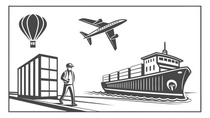 Vector art of illustration showing various modes of transportation, including a hot air balloon, airplane, cargo ship, and freight train, representing global trade and logistics