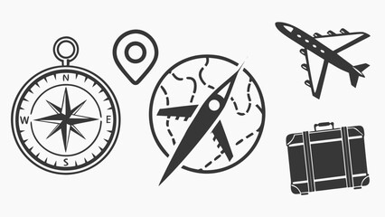 Vector art of collection of travelthemed icons featuring a compass, location pin, airplane, world map, and suitcase, representing adventure, exploration, and vacation for design