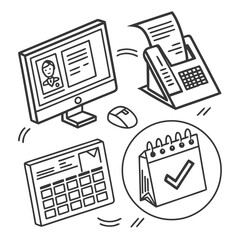 Illustration of office equipment, including a computer, fax machine, calculator, and calendar, representing modern office work and technology
