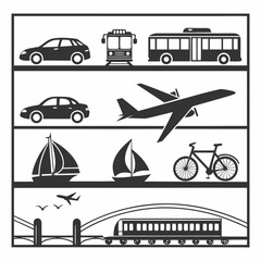Vector art of various modes of transportation are displayed on shelves, including cars, buses, airplanes, sailboats, bicycles, trains, and bridges