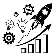 Vector art of a conceptual illustration of business growth, featuring a rocket launching upwards, gears, lightbulbs, and a rising bar graph